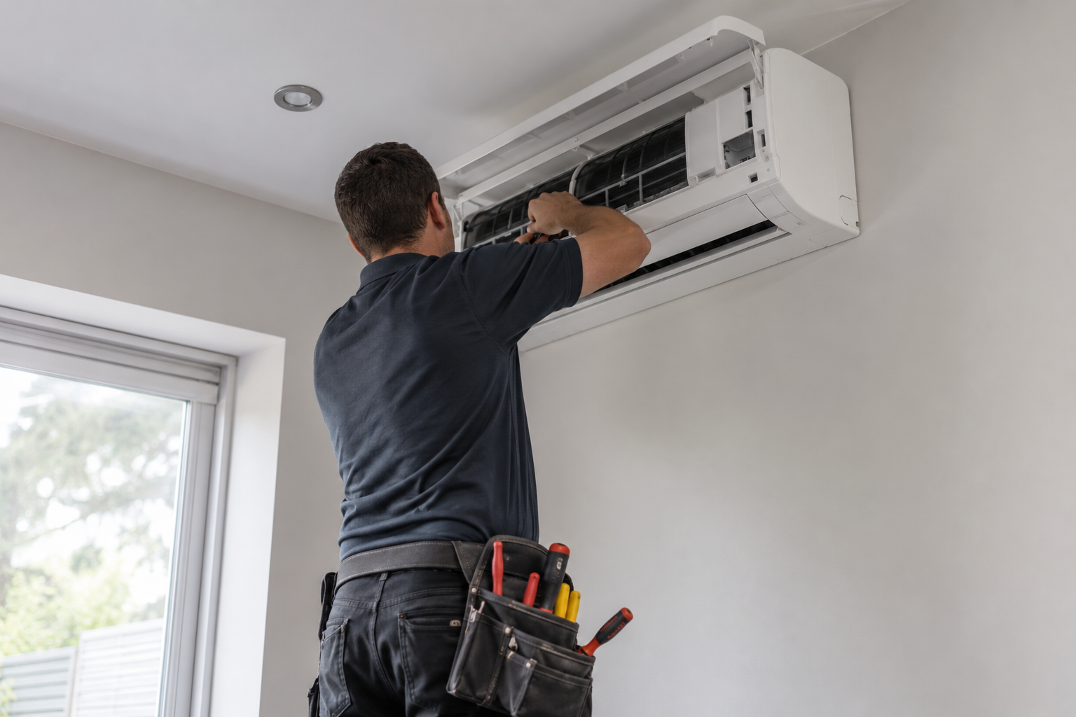 Engineer servicing a wall-mounted split air conditioning unit