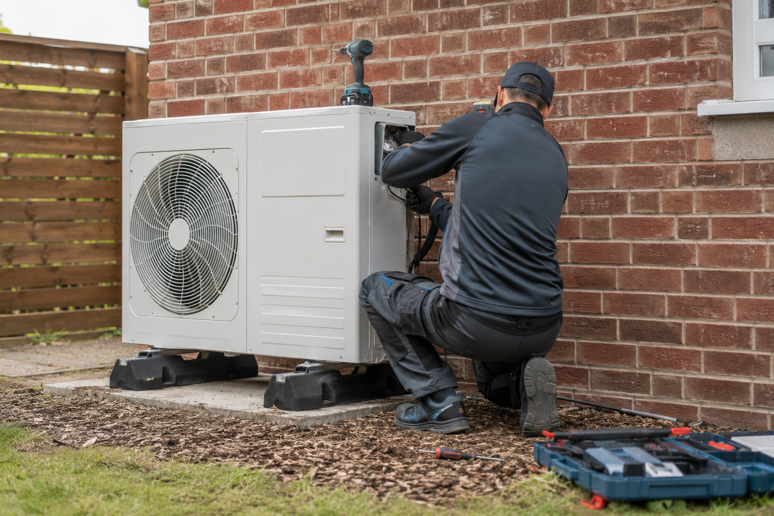 Air source heat pump installed against a brick wall