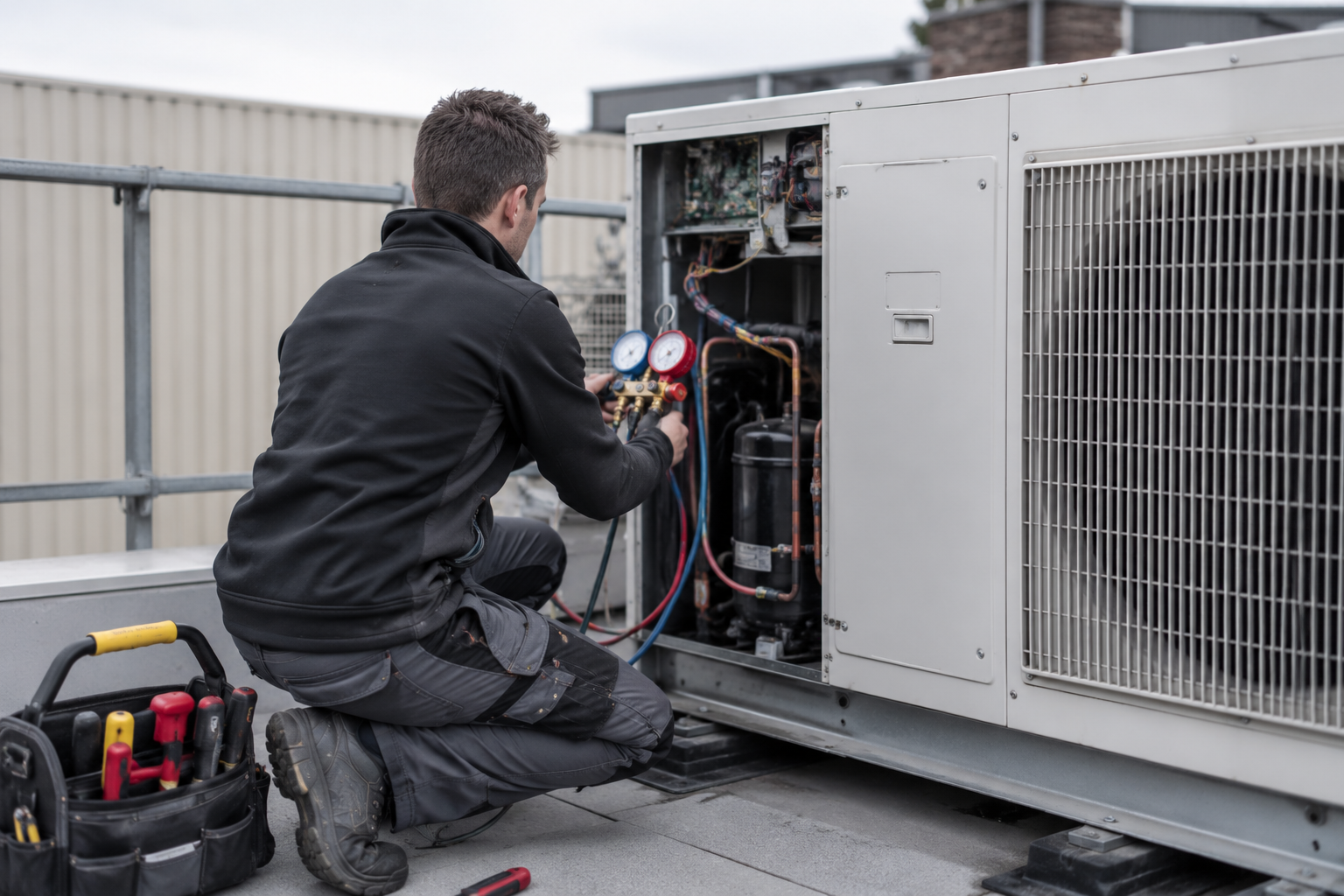 Engineer servicing a rooftop HVAC unit with refrigerant gauges